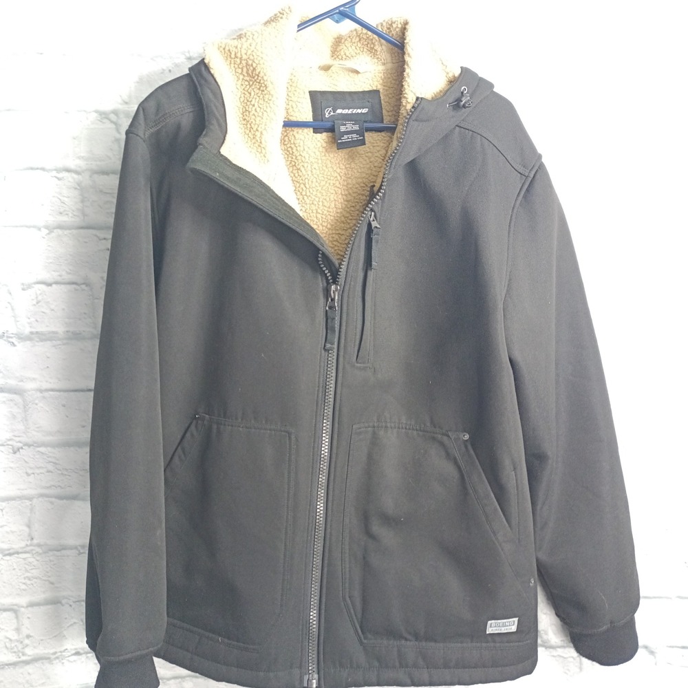 Boeing Mens Large Black Sherpa Lined Hooded Work Jacket Canvas Full Zip RN82608
